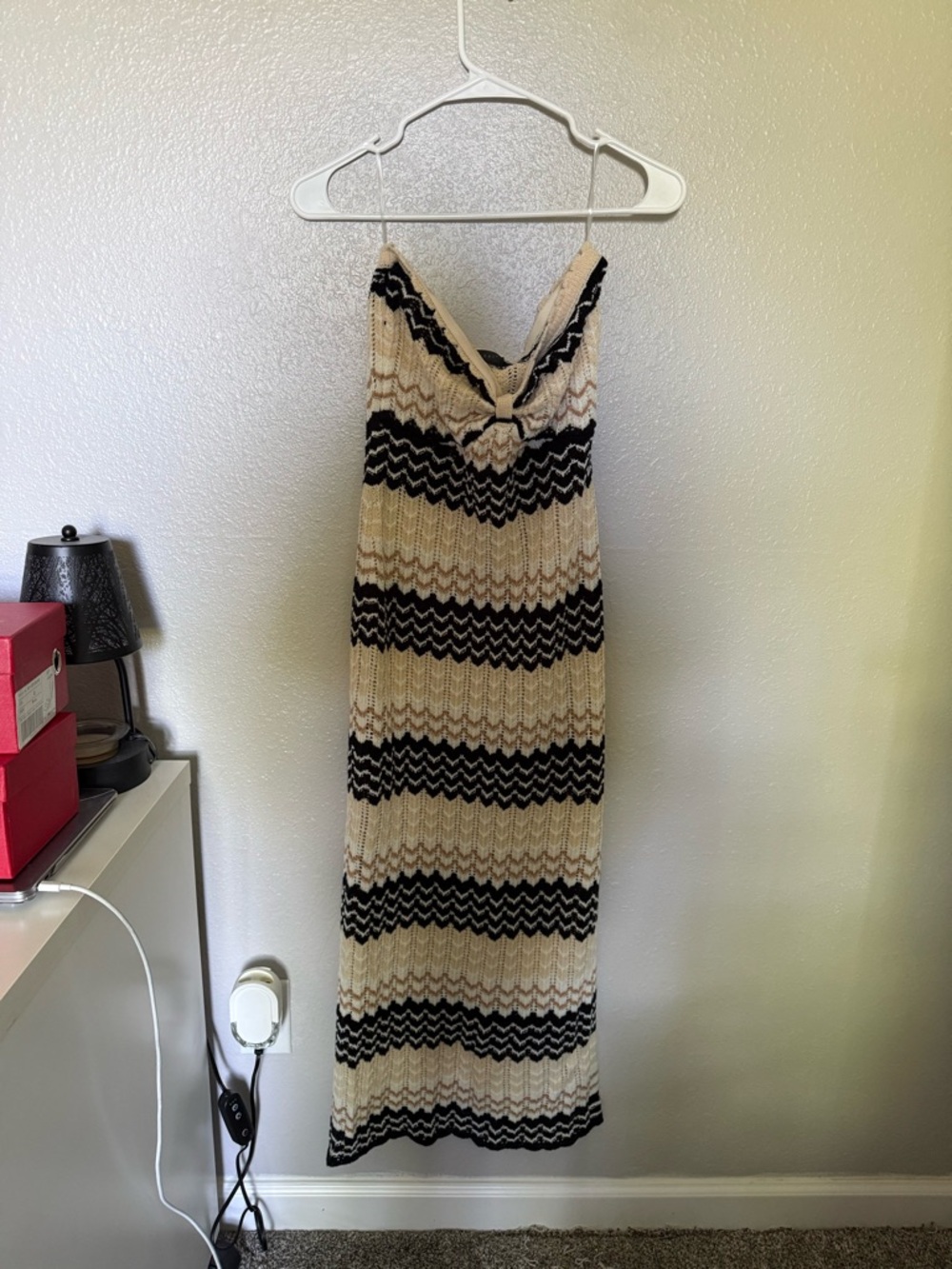 Source Unknown Beige and Black Chevron Knit Maxi Swim Cover-Up
